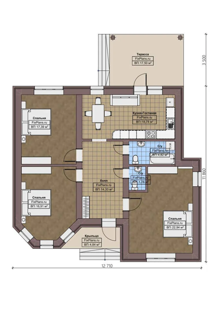 F-0944 - План одноэтажного дома 12 на 13, площадью 120 м² с террасой и 3 спальнями