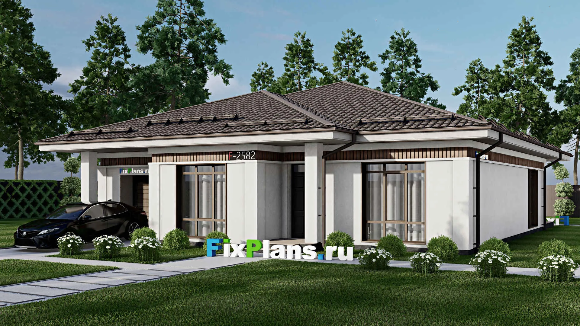 F-2582 - Проект одноэтажного дома 14 на 18, площадью 310 м² с террасой, балконом, гаражом на 1 машину и 11 спальнями