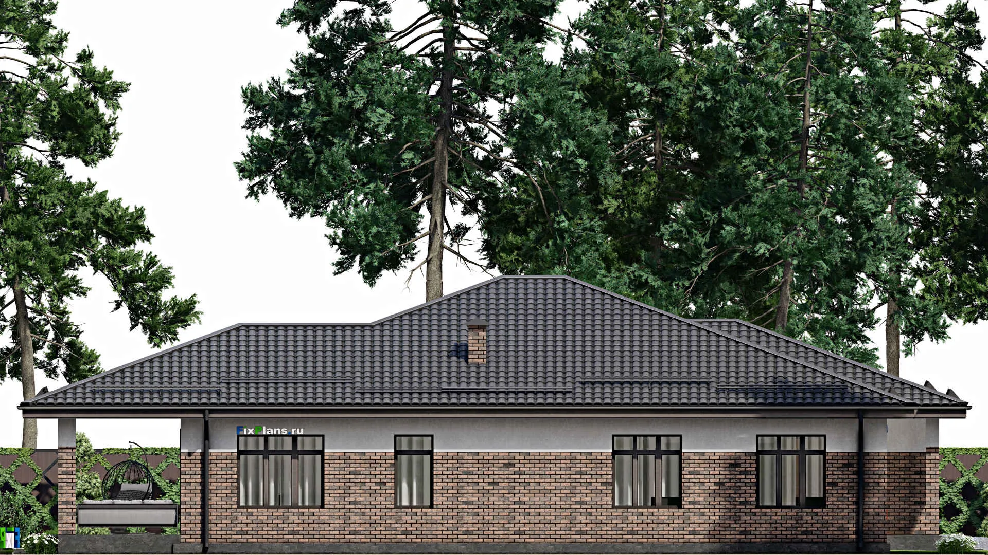 F-4310 - Проект одноэтажного дома 15 на 18, площадью 230 м² с террасой, баней, гаражом на 1 машину и 3 спальнями