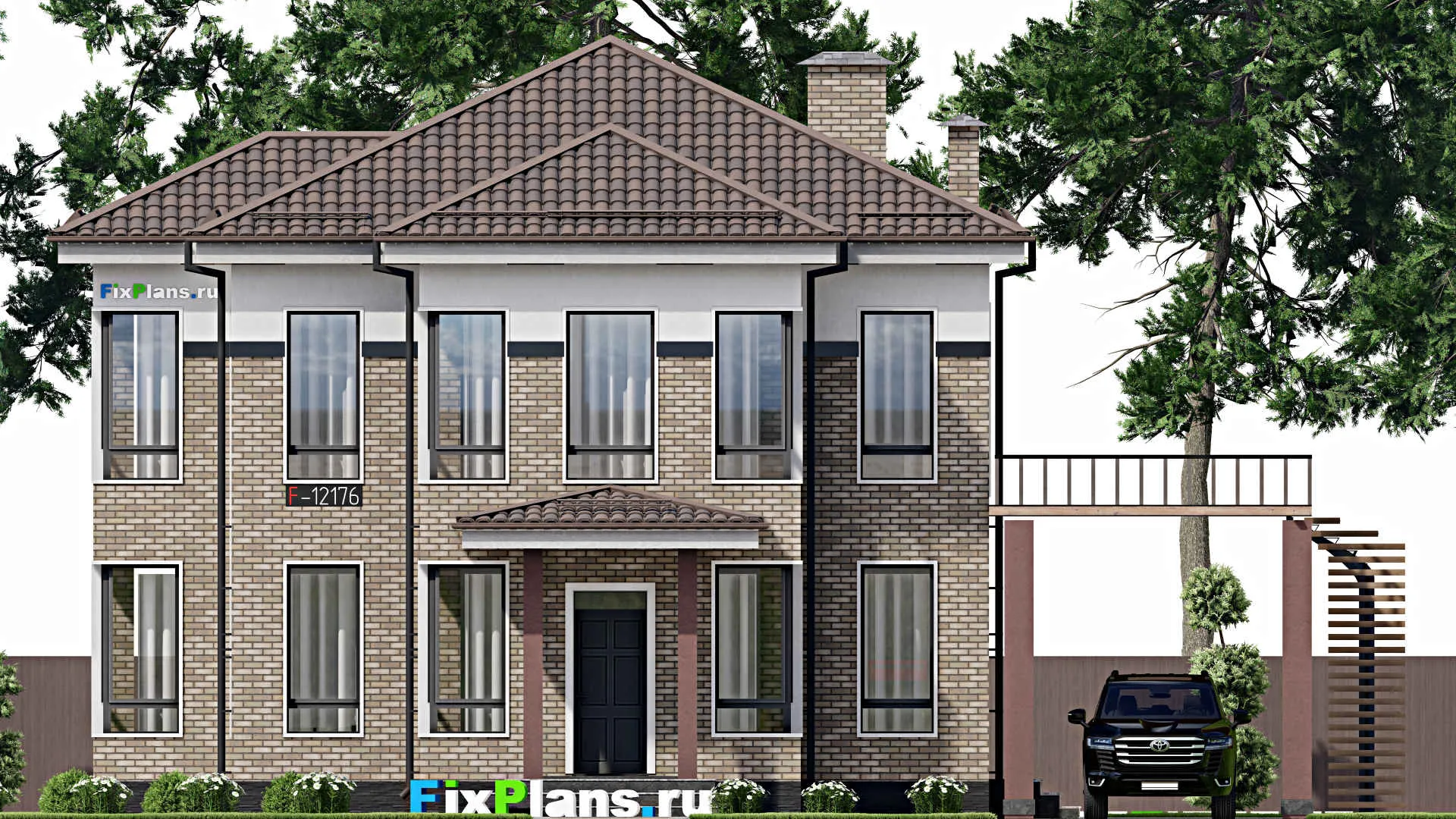 F-12176 - Проект двухэтажного дома 16 на 18, площадью 270 м² с террасой, балконом и 4 спальнями