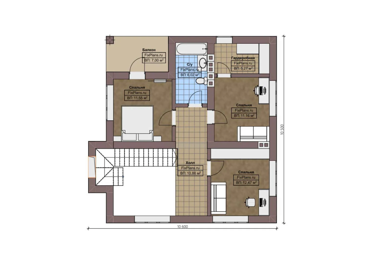 F-1754 - Планы двухэтажного дома 11 на 11, площадью 150 м² с балконом и 4 спальнями
