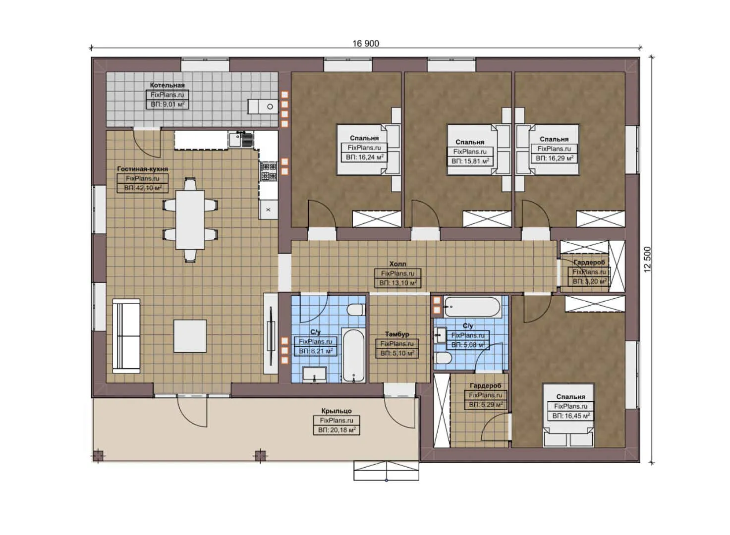 F-8072 - План одноэтажного дома 13 на 17, площадью 180 м² с террасой и 4 спальнями