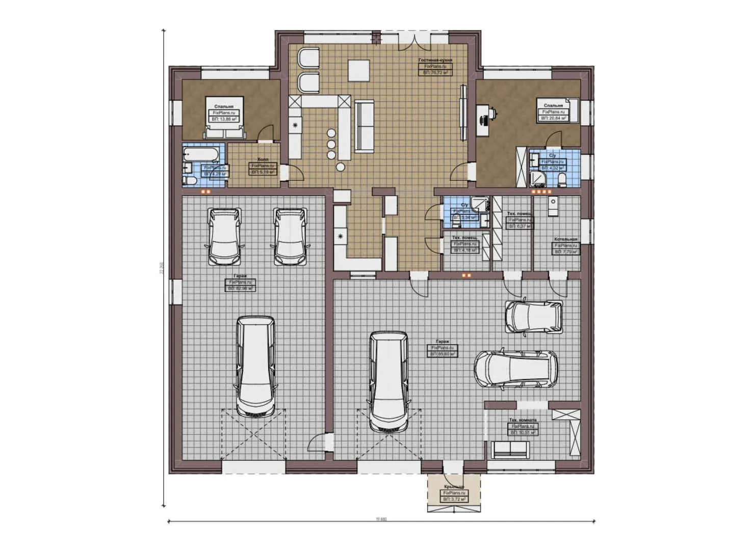 F-10448 - План одноэтажного дома 20 на 23, площадью 330 м² с 2 спальнями