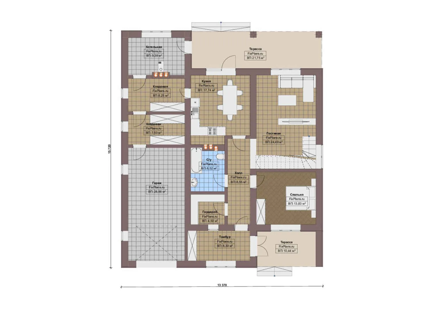 F-17774 - Планы дома с мансардой 14 на 16, площадью 270 м² с террасой, балконом, гаражом на 1 машину и 4 спальнями