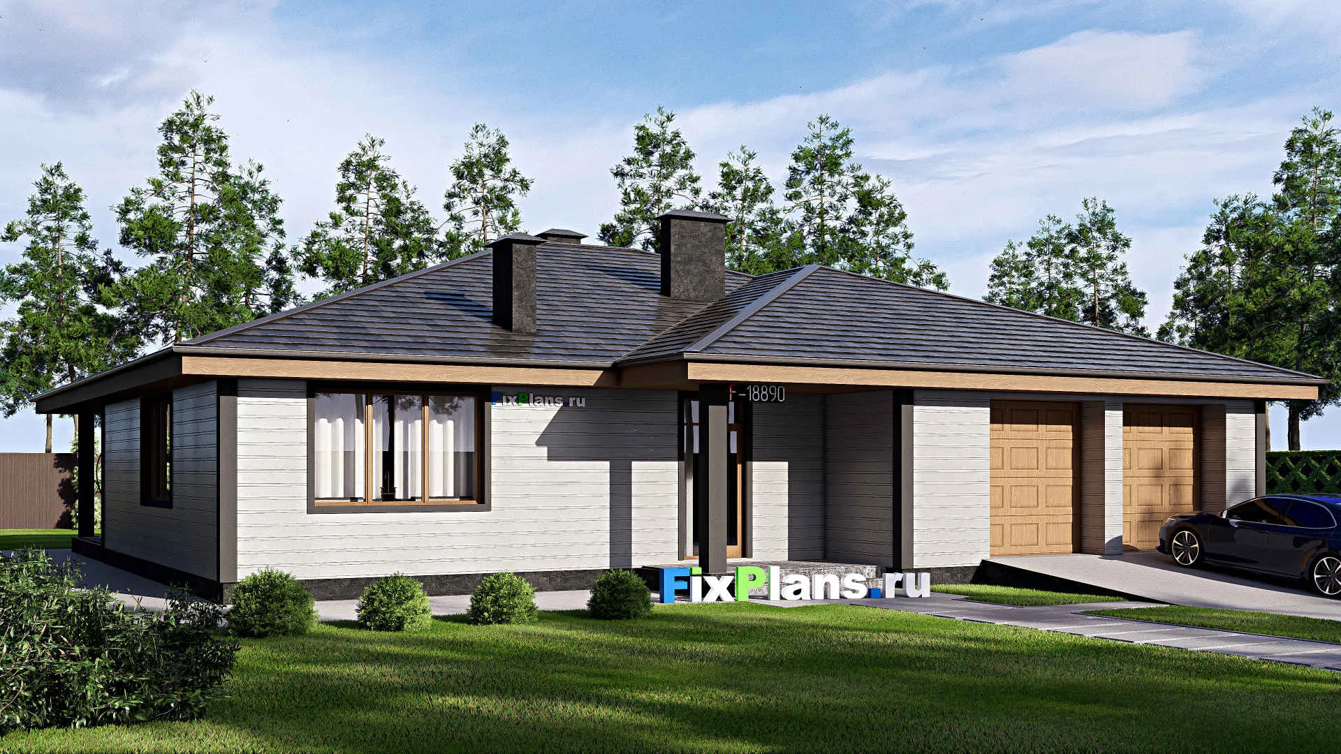 F-18890 - Проект одноэтажного дома 18 на 18, площадью 200 м² с гаражом на 1 машину и 3 спальнями