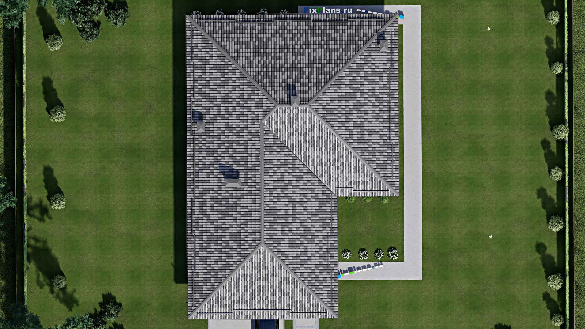 F-5849 - Проект одноэтажного дома 16 на 24, площадью 250 м² с террасой, гаражом на 2 машины и 3 спальнями