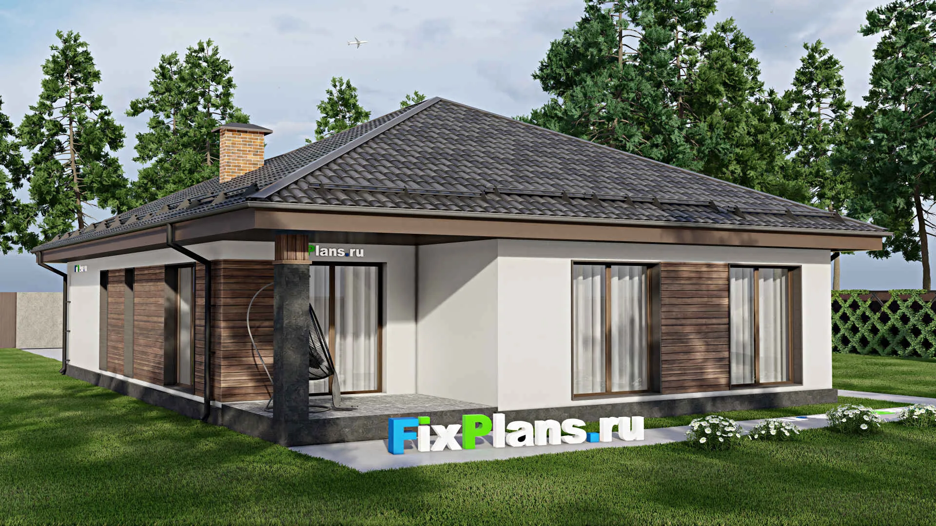 F-9134 - Проект одноэтажного дома 12 на 17, площадью 150 м² с террасой, гаражом на 1 машину и 3 спальнями