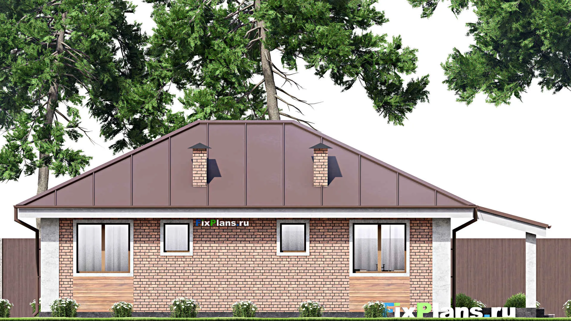 F-14075 - Проект одноэтажного дома 11 на 15, площадью 100 м² с террасой и 2 спальнями