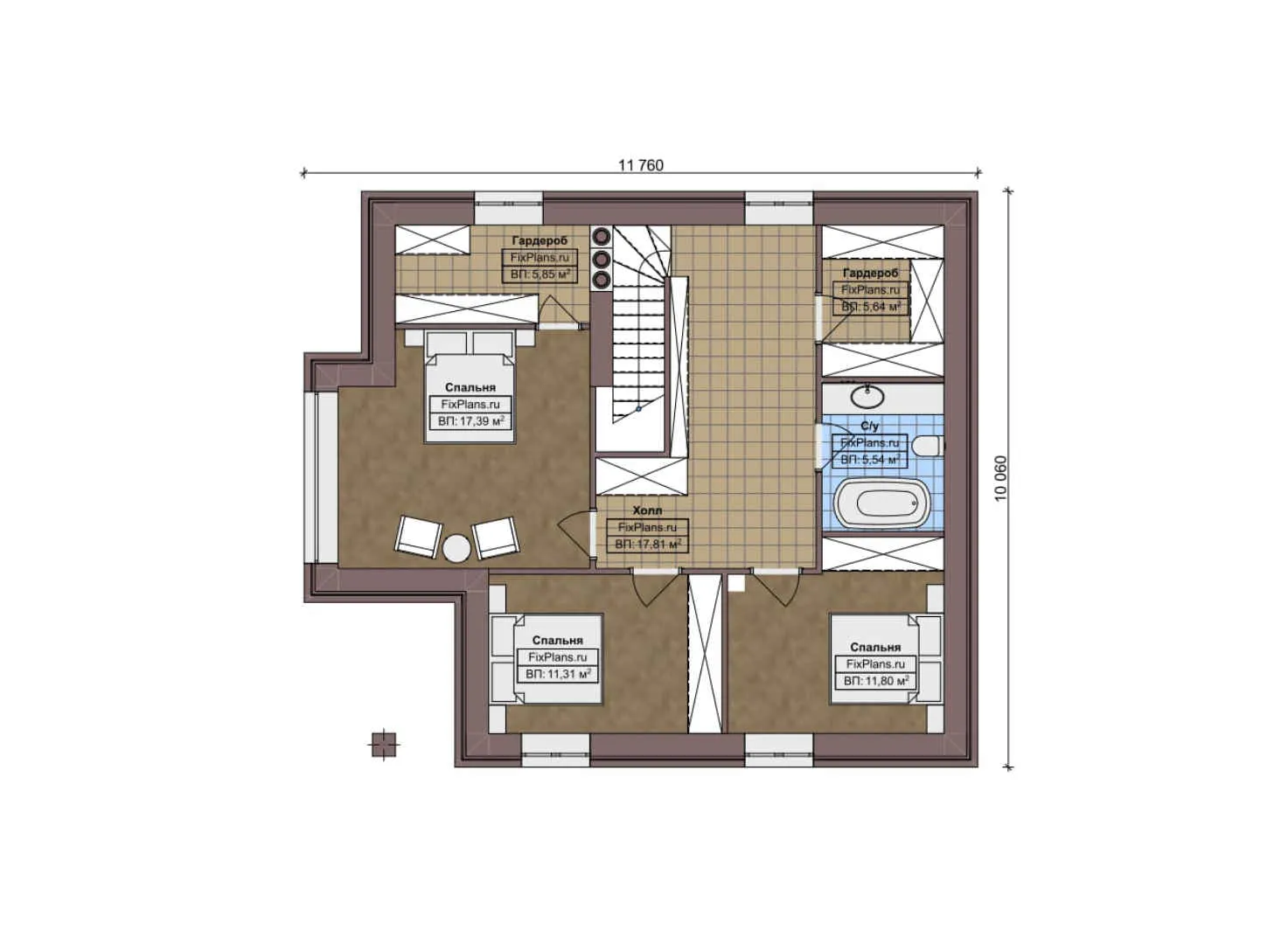 F-7937 - Планы дома с мансардой 11 на 14, площадью 180 м² с террасой и 5 спальнями