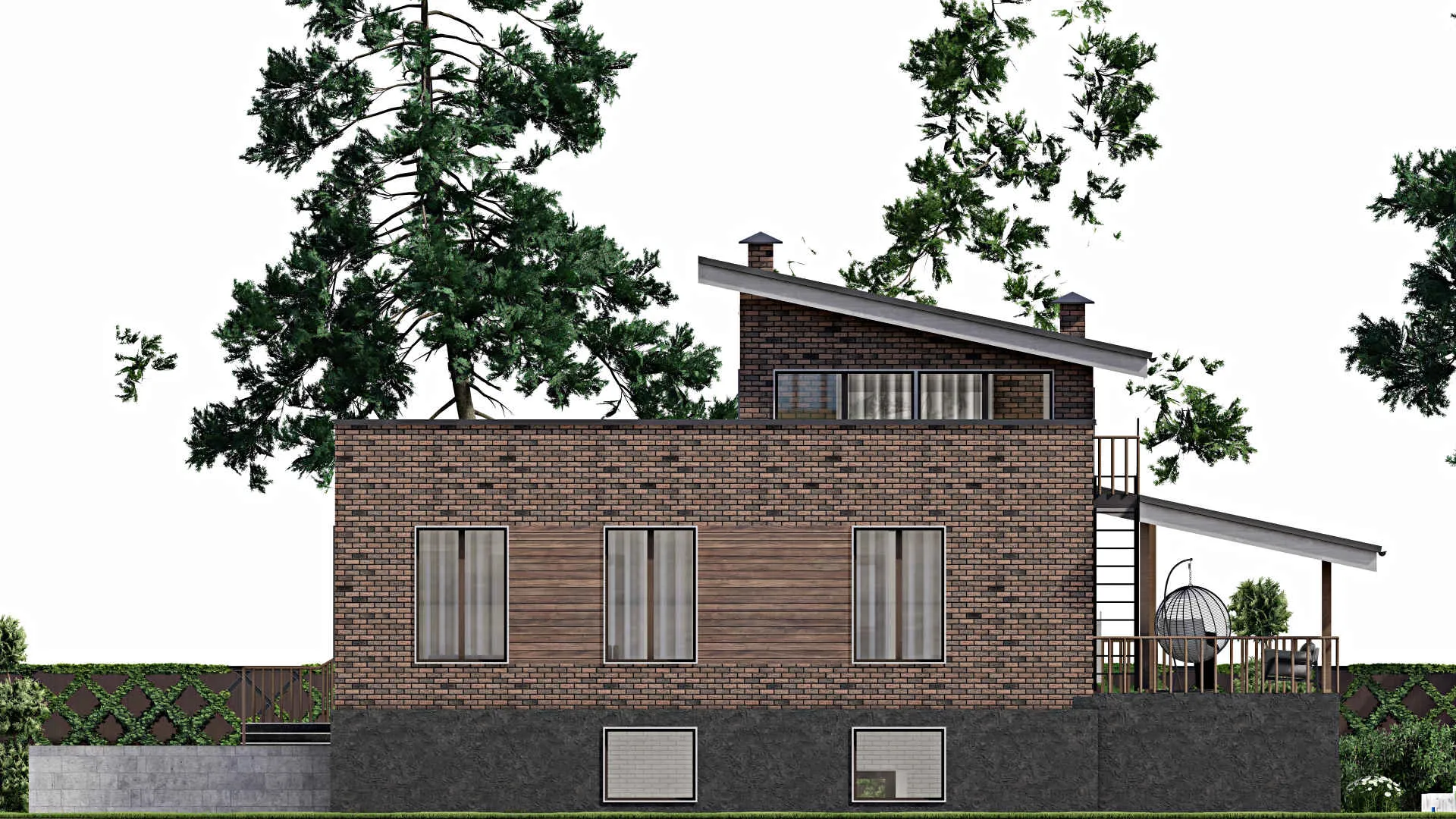 F-9593 - Проект одноэтажного дома 14 на 18, площадью 280 м² с цокольным этажом, гаражом на 2 машины и 3 спальнями