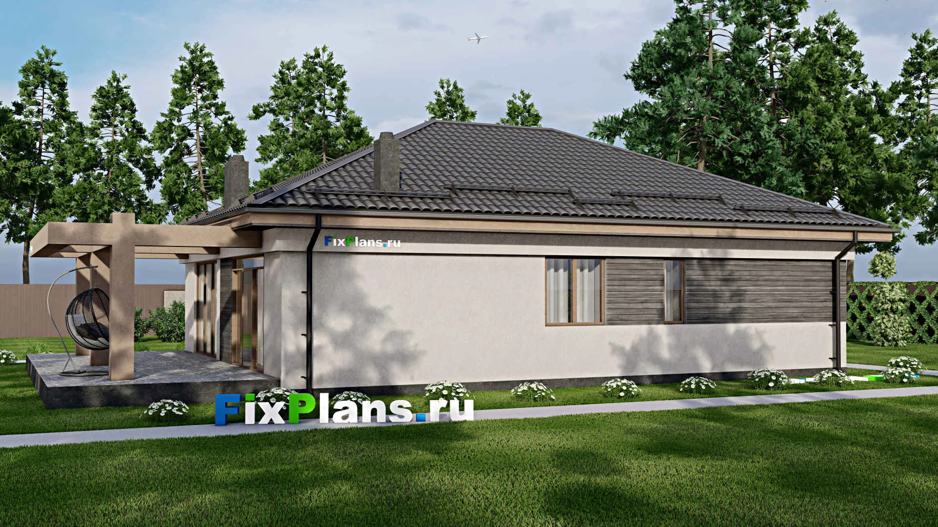 F-3725 - Проект одноэтажного дома 11 на 14, площадью 170 м² с террасой и 3 спальнями