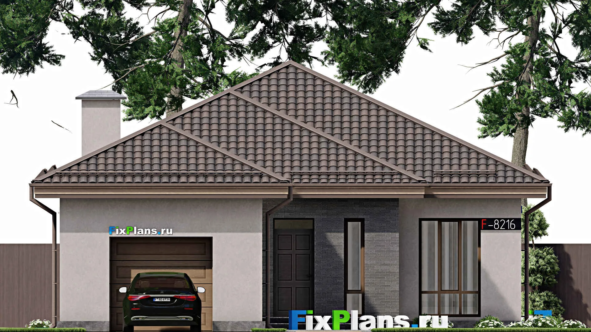 F-8216 - План одноэтажного дома 12 на 21, площадью 150 м² с гаражом на 1 машину и 3 спальнями