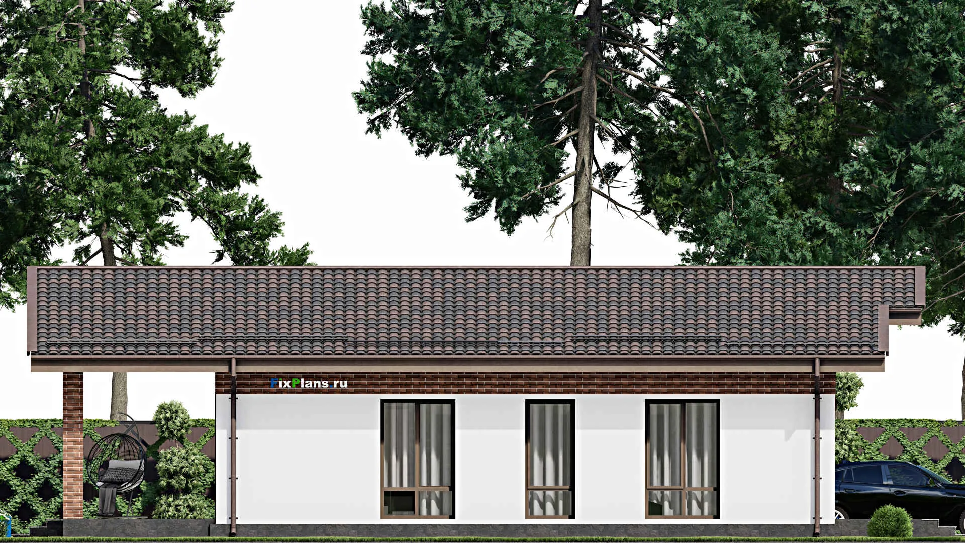 F-6128 - План одноэтажного дома 11 на 13, площадью 150 м² с террасой и 3 спальнями