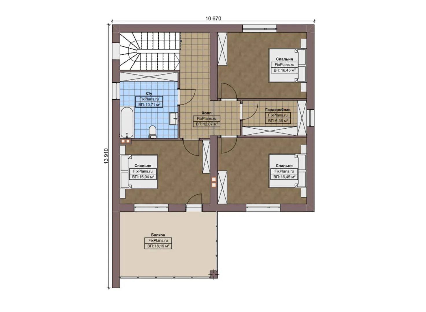 F-7568 - Планы двухэтажного дома 14 на 16, площадью 230 м² с балконом, гаражом на 1 машину и 3 спальнями