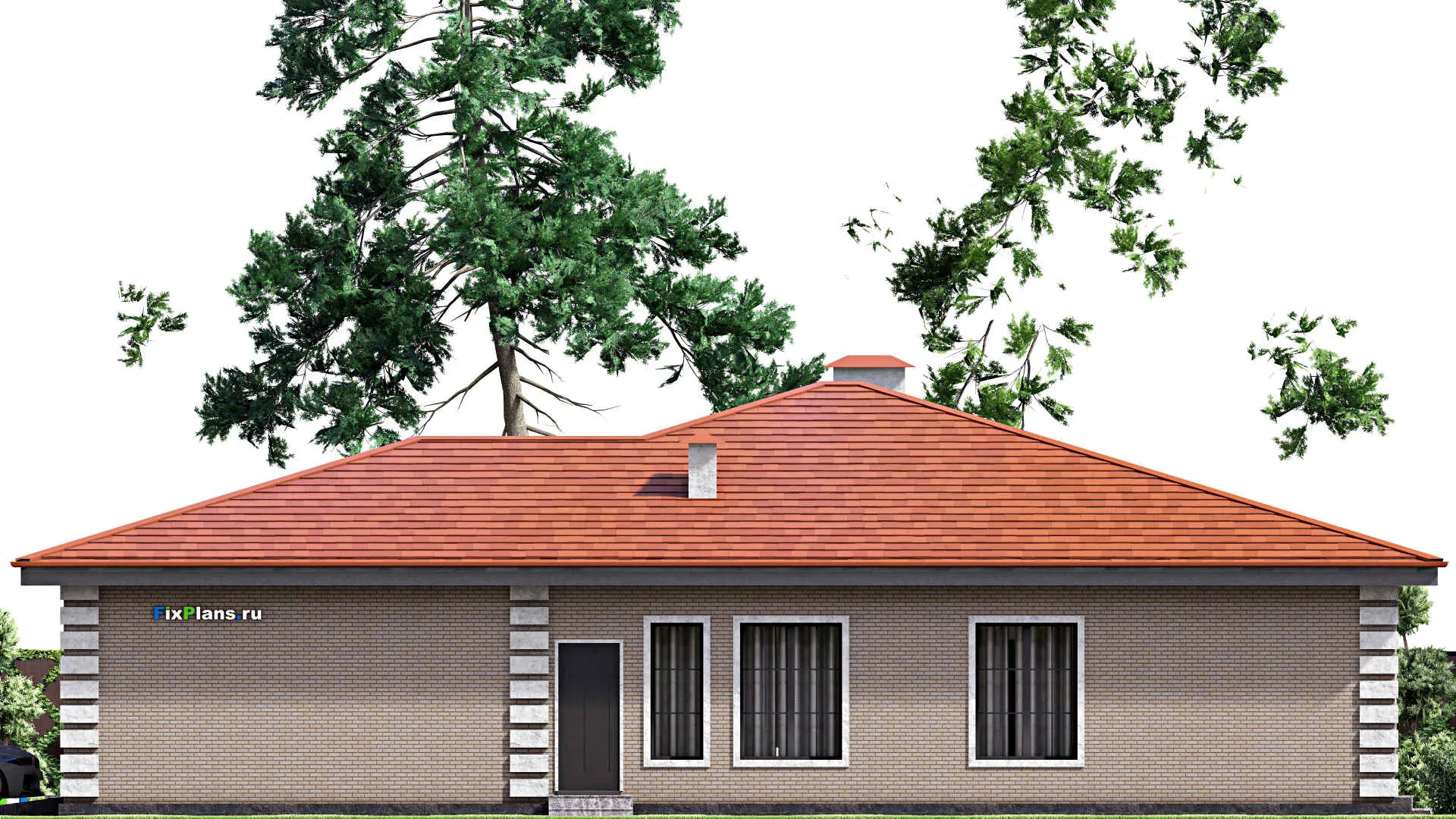 F-15290 - План одноэтажного дома 16 на 19, площадью 220 м² с террасой, гаражом на 1 машину и 3 спальнями