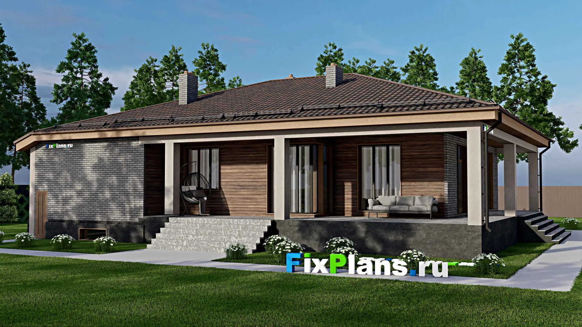 F-8243 - Проект одноэтажного дома 14 на 20, площадью 290 м² с террасой, цокольным этажом, гаражом на 1 машину и 3 спальнями