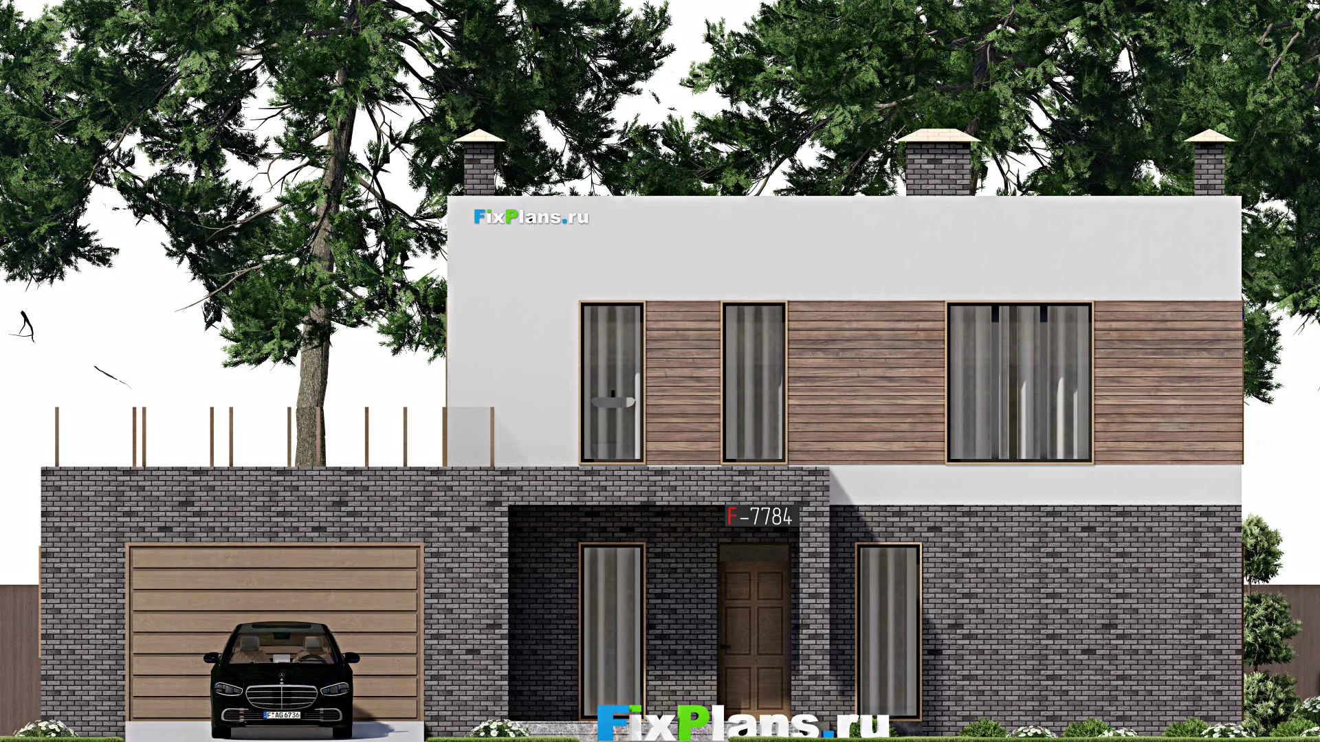 F-7784 - Проект двухэтажного дома 12 на 17, площадью 280 м² с балконом, баней, гаражом на 1 машину и 4 спальнями