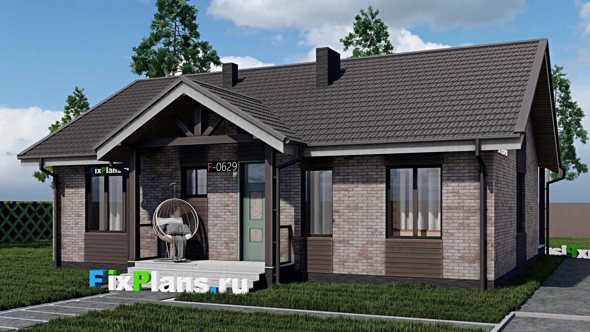 F-0629 - Проект одноэтажного дома 10 на 14, площадью 130 м² с террасой и 3 спальнями