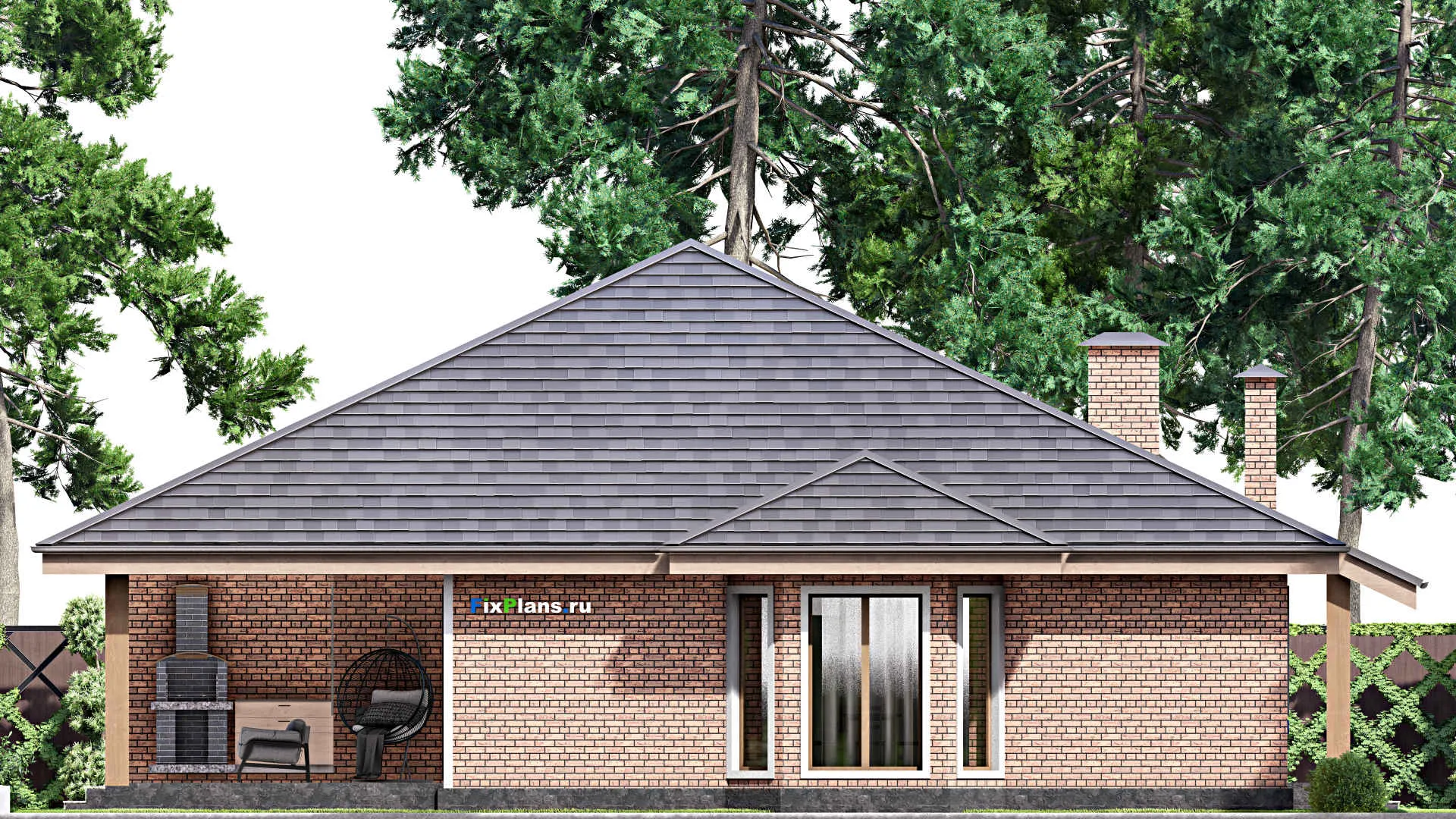 F-13796 - Проект одноэтажного дома 16 на 17, площадью 200 м² с террасой и 3 спальнями